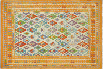 Flat Weave Kilim, Antique, Navaho, Vintage, Handmade, Geometric Kilim Beige Orange Hand-Woven Rectangle 100% Wool Area Rug 8 x 10